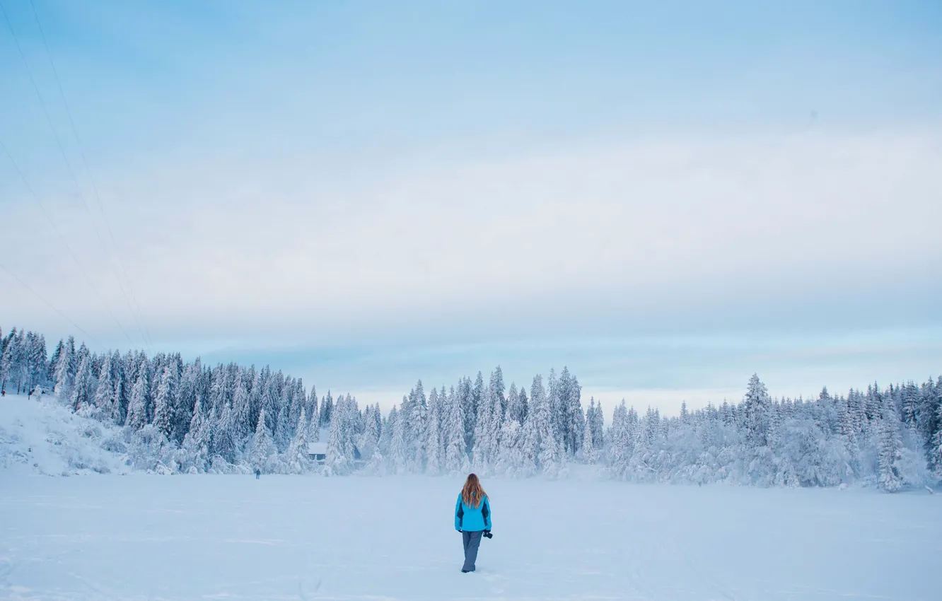 Photo wallpaper girl, winter, lake, frozen