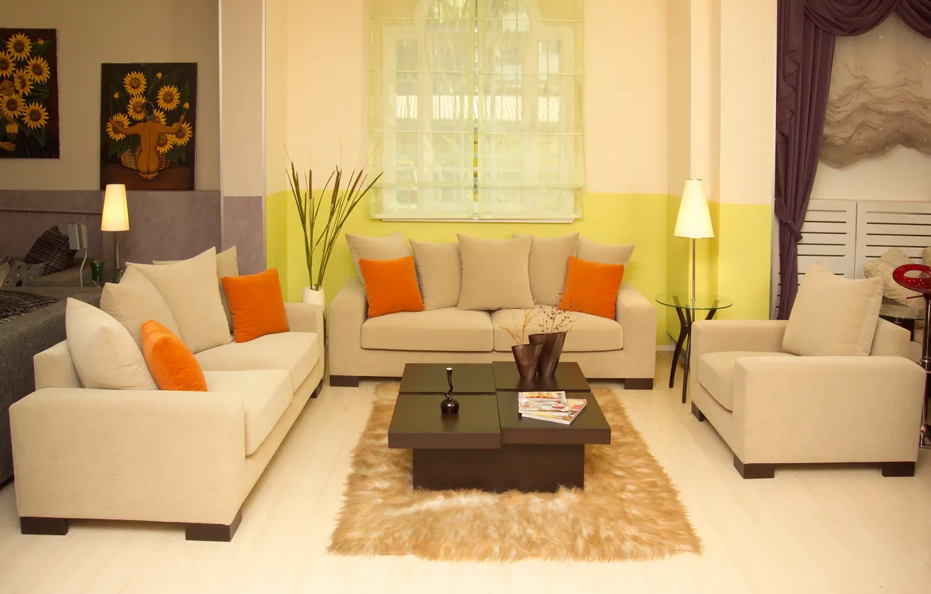 Photo wallpaper sofa, lamp, picture, window, vase, table, living room