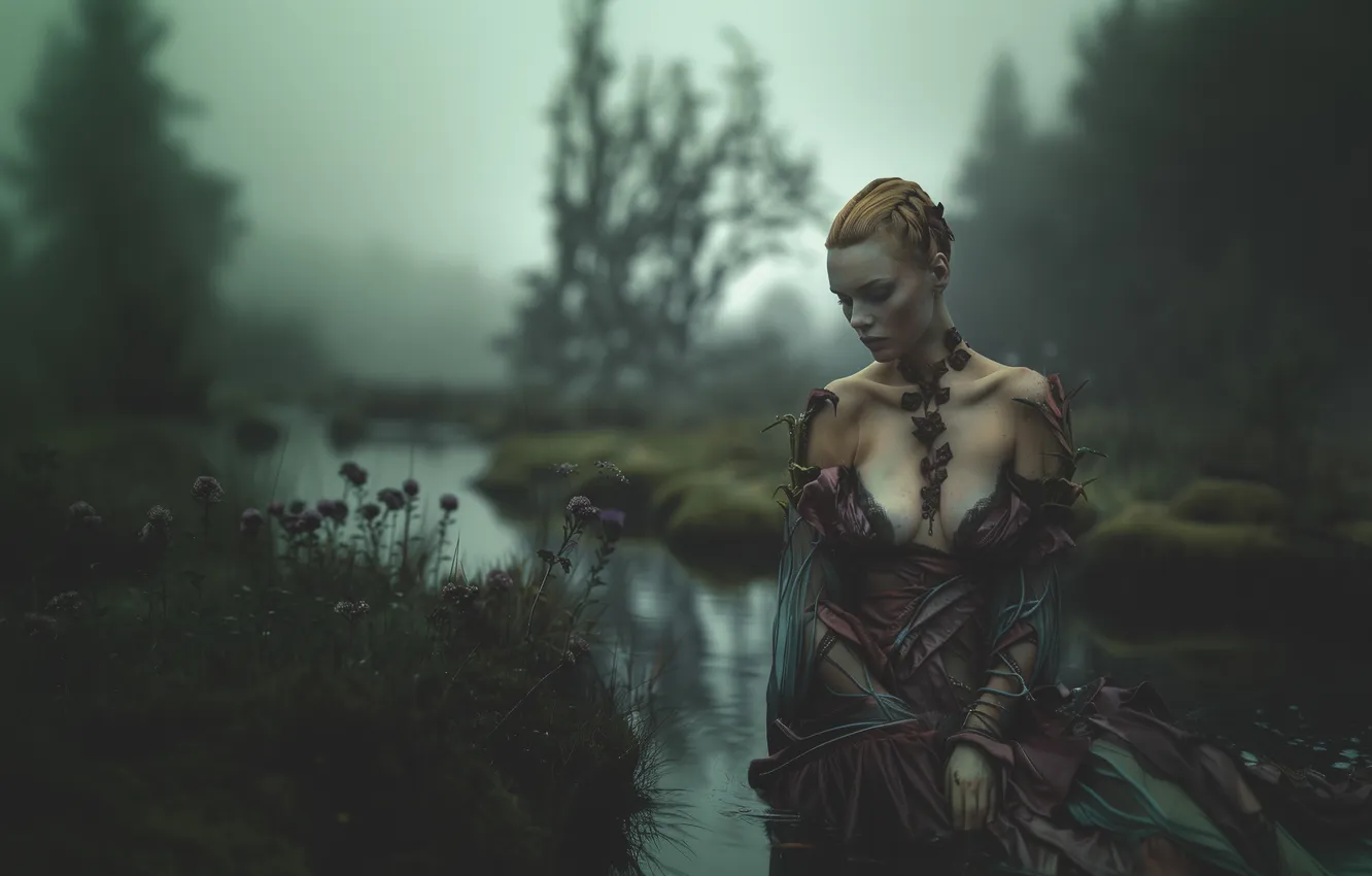 Photo wallpaper chest, girl, flowers, nature, pose, fog, shore, morning