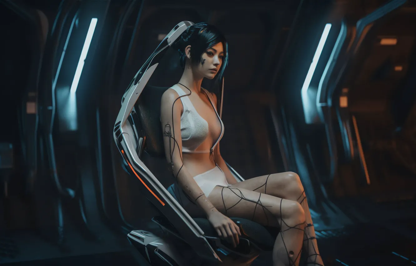 Photo wallpaper fiction, brunette, Asian, Android, android, beautiful girl, spaceship, spaceship