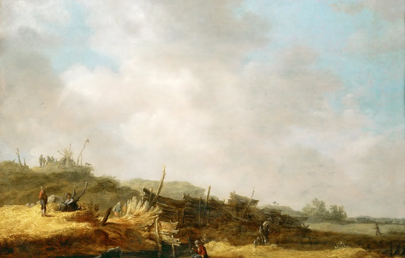 Photo wallpaper landscape, stream, people, hills, picture, Jan van Goyen, Landscape with Dunes