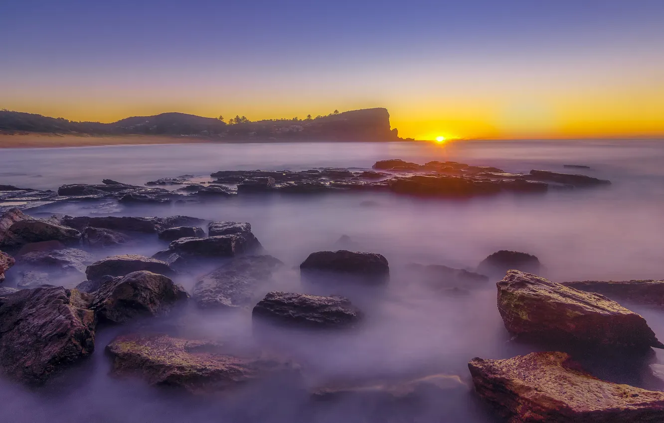 Photo wallpaper sea, the sun, sunset, fog, stones, rocks, shore, dal
