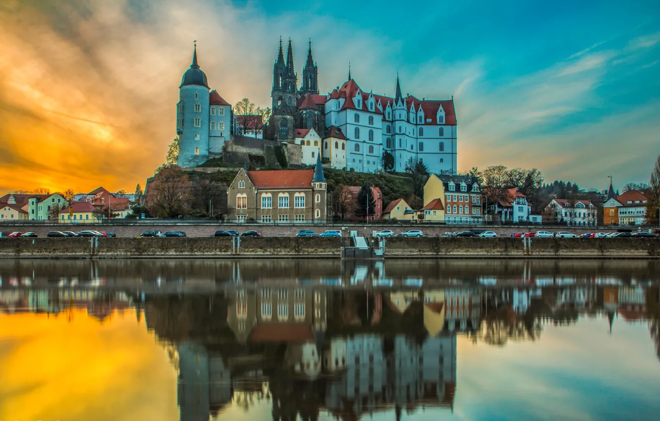 Photo wallpaper auto, the sky, sunset, house, reflection, castle, Germany, channel