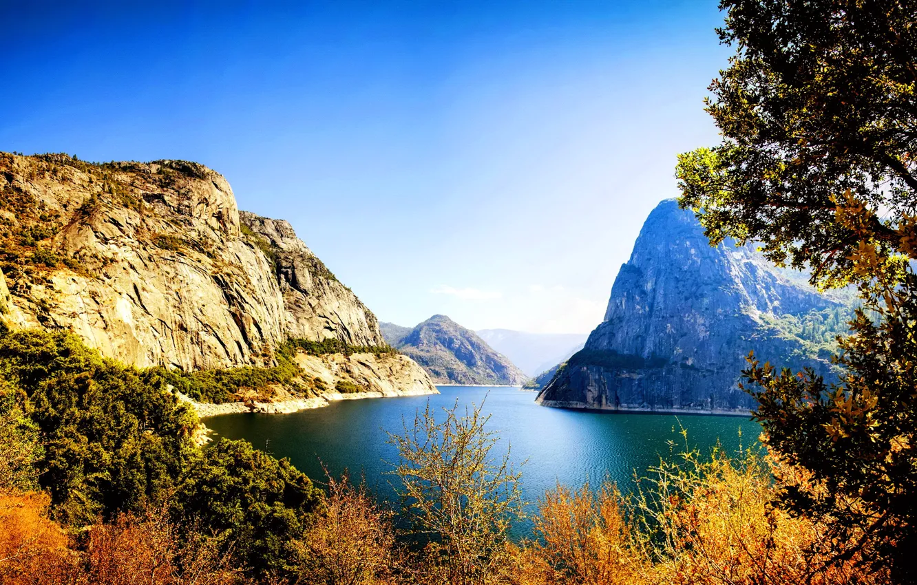 Photo wallpaper the sky, mountains, lake