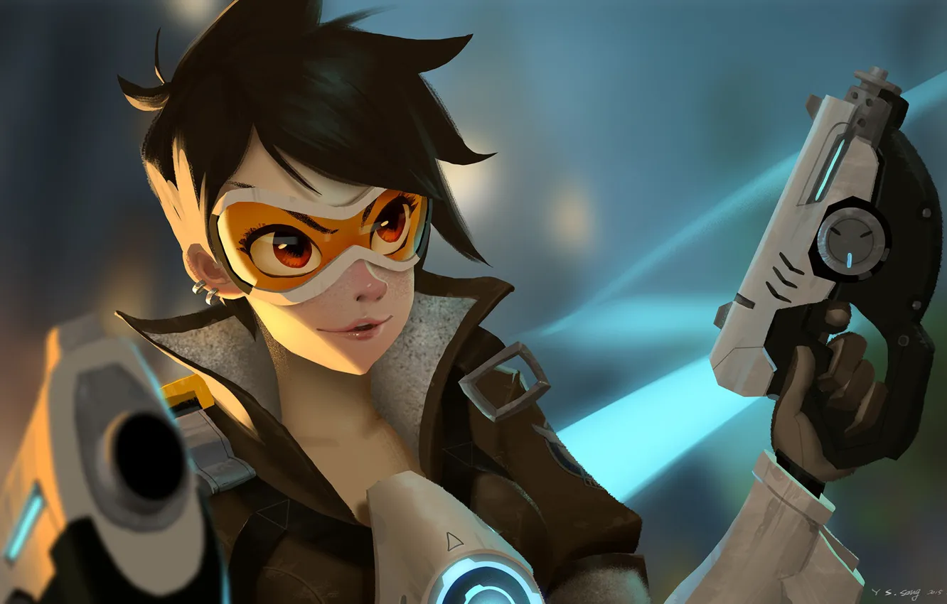 Photo wallpaper girl, weapons, art, Overwatch, Tracer
