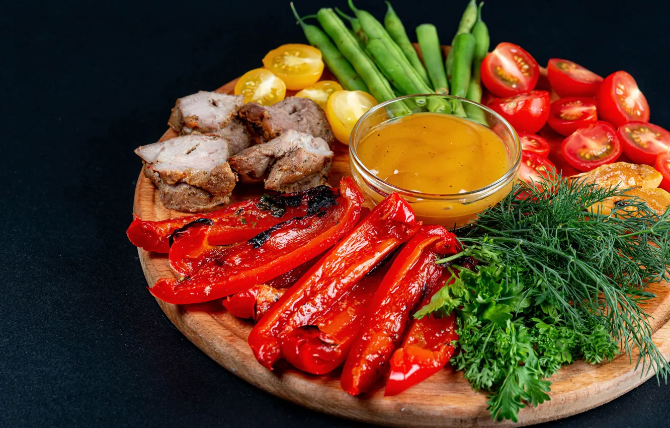 Photo wallpaper greens, dill, meat, Board, pepper, vegetables, sauce, kebabs