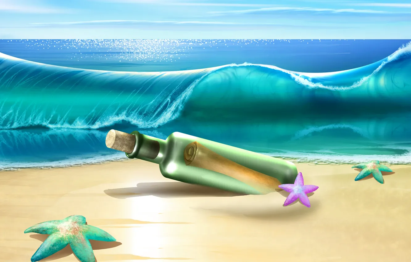 Photo wallpaper sea, wave, beach, bottle, wave, starfish, starfish, bottle