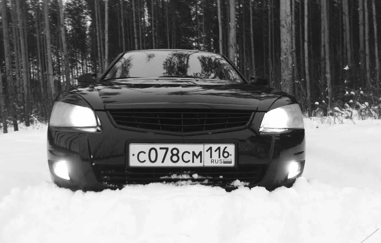 Photo wallpaper forest, snow, black, sedan, Priora, Prior