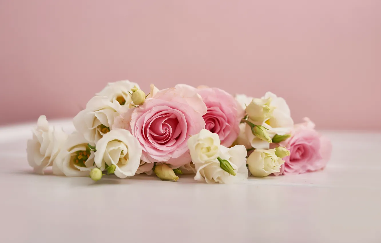Photo wallpaper flowers, background, roses, bouquet, pink, eustoma, Yarovoy Aleksandr