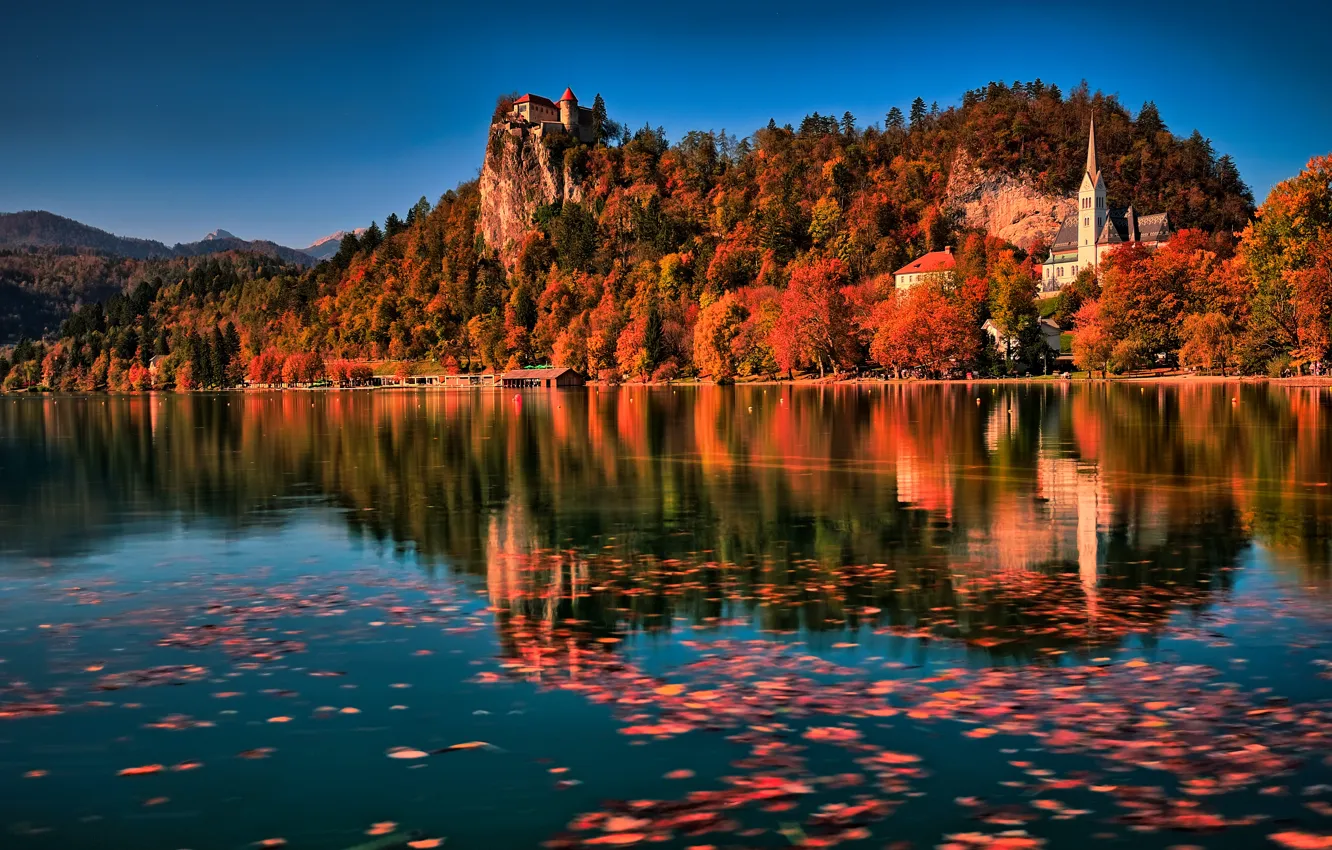 Photo wallpaper autumn, landscape, mountains, nature, lake, rocks, foliage, Church