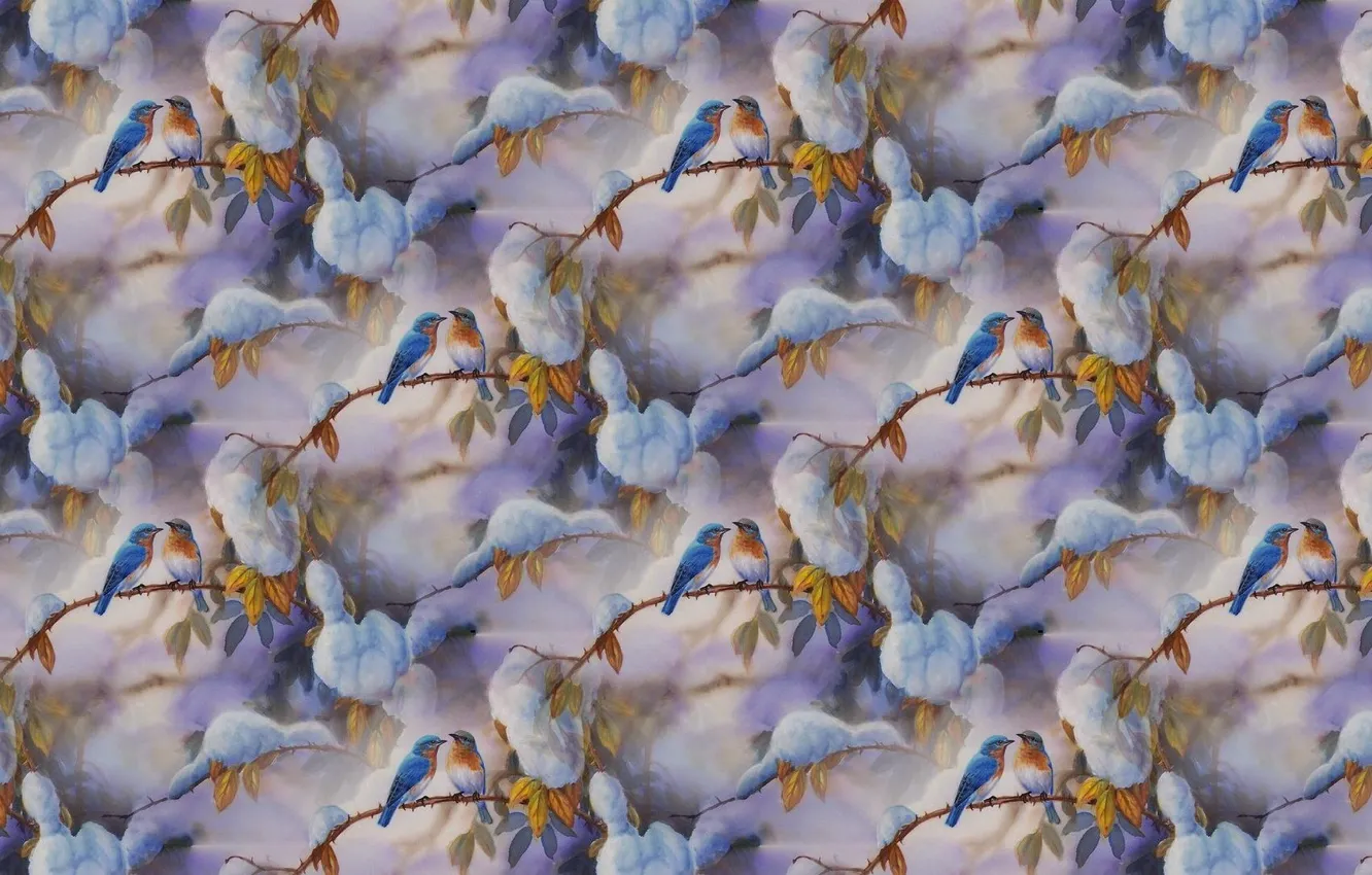 Photo wallpaper snow, branches, bird