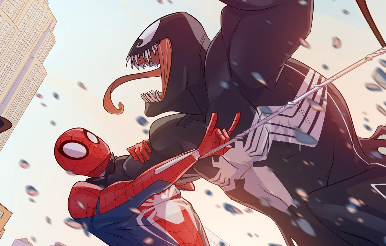 Photo wallpaper Venom, Peter Parker, Spider Man, Fight, Eddie Brock