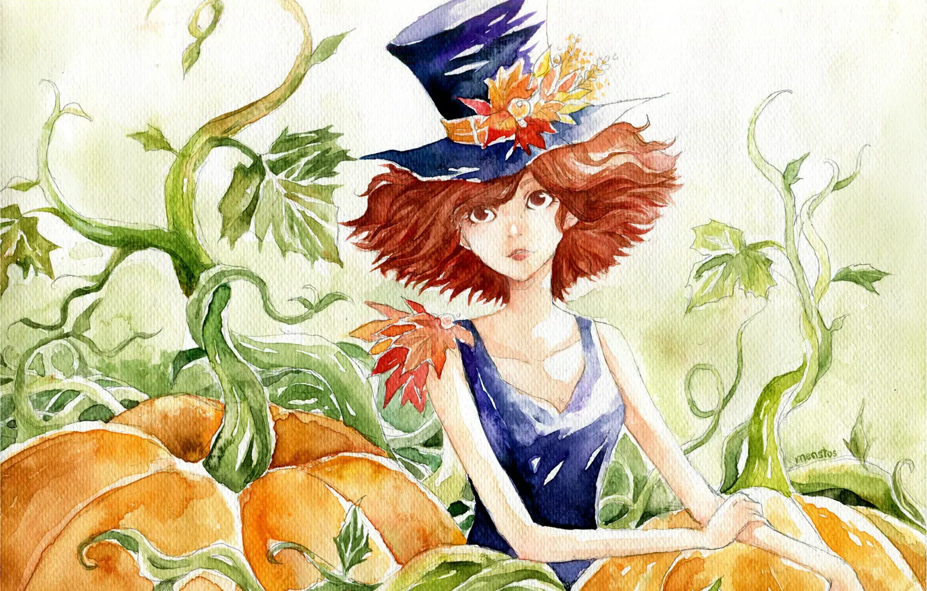 Photo wallpaper leaves, figure, hat, watercolor, pumpkin, red, art, Menstos