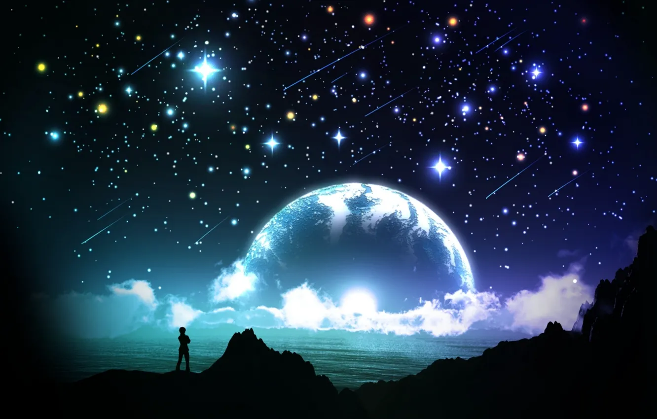 Photo wallpaper sea, the sky, stars, clouds, night, people, planet, silhouette
