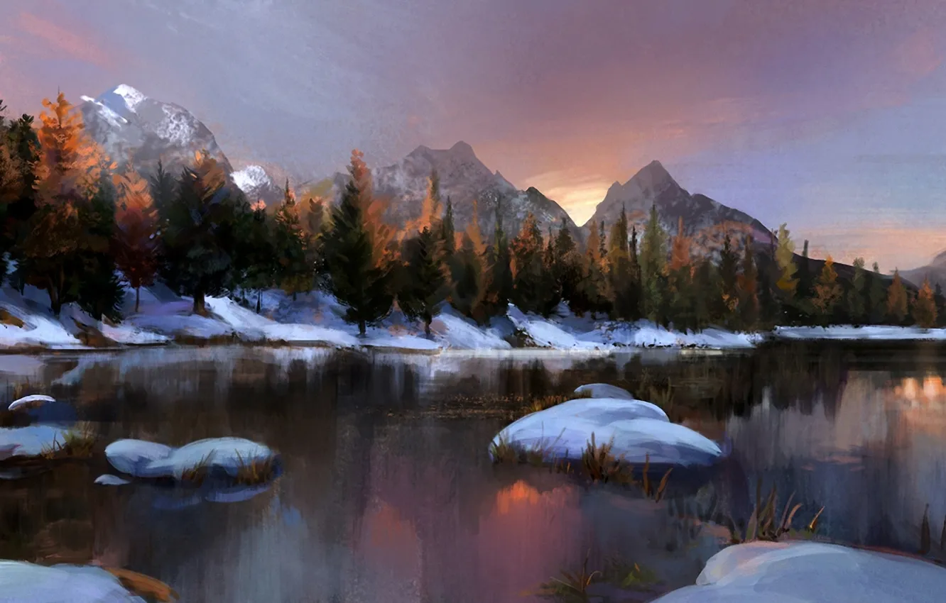 Photo wallpaper winter, snow, trees, mountains, lake, stones, art, coniferous