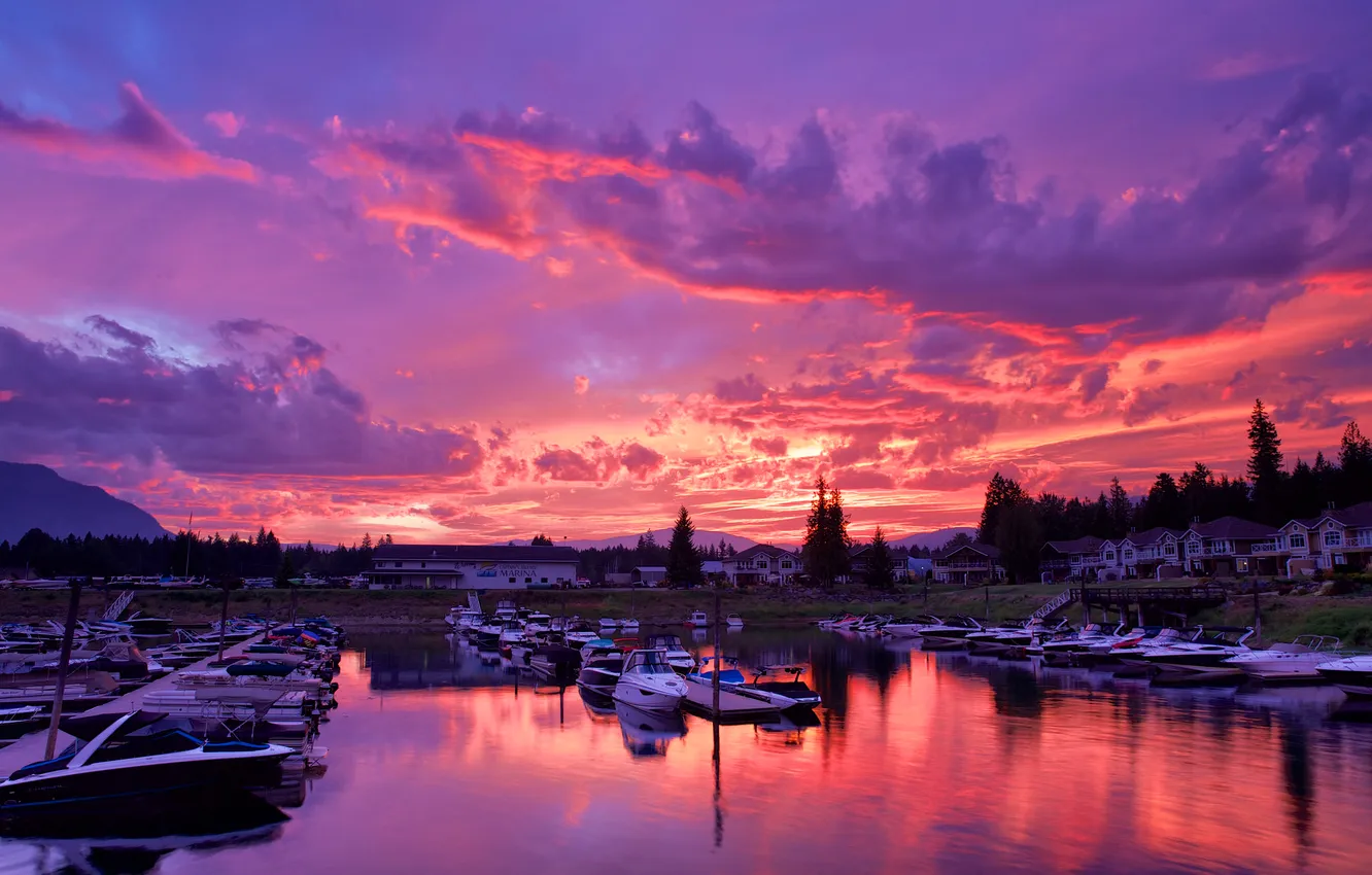 Photo wallpaper the sky, clouds, trees, yachts, boats, Canada, glow, boats
