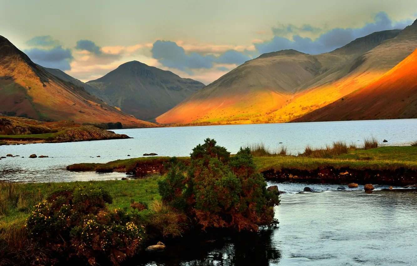 Photo wallpaper sunset, mountains, lake