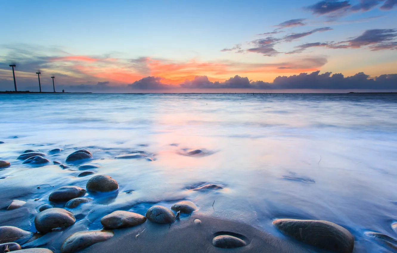 Photo wallpaper sand, sea, clouds, sunset, stones, twilight
