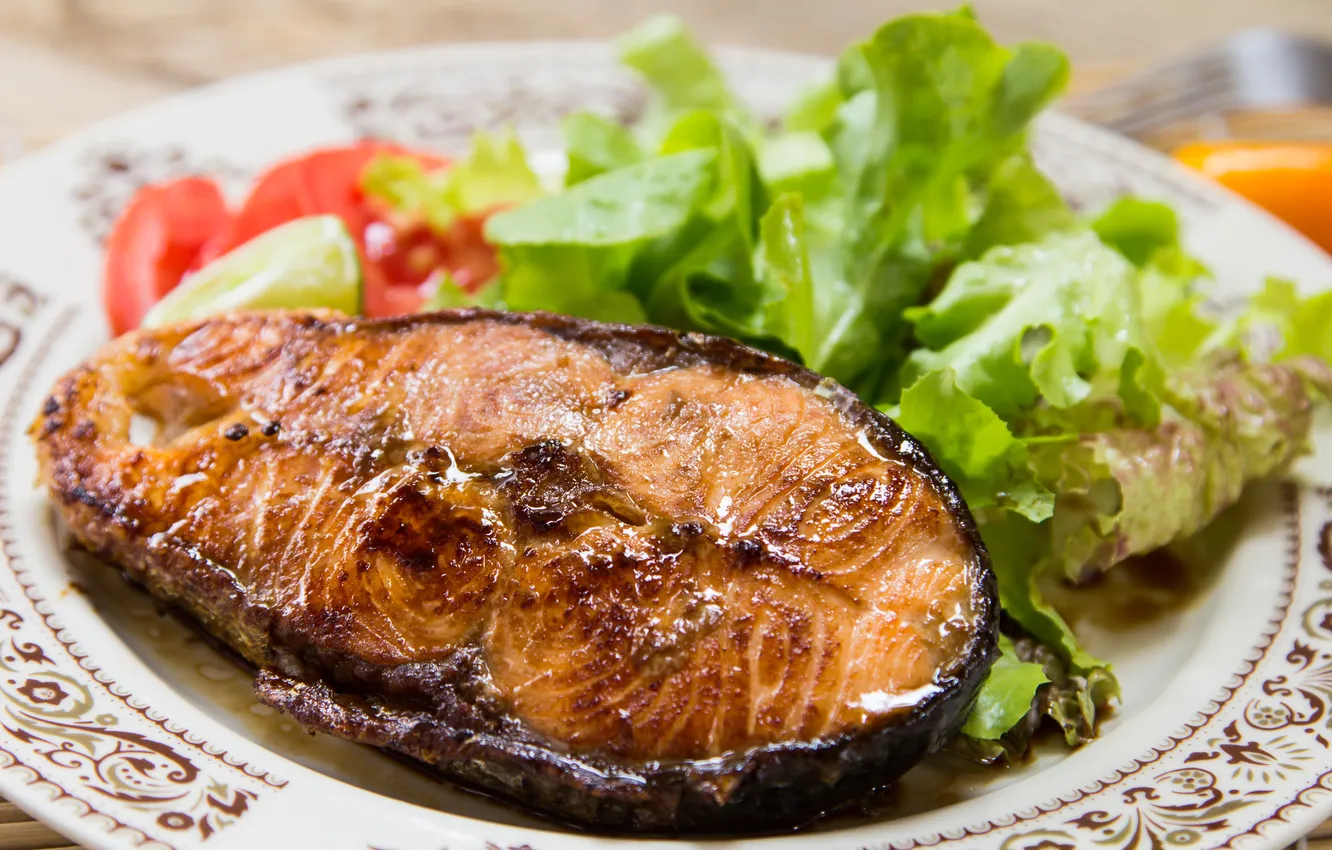 Photo wallpaper greens, vegetables, vegetables, greens, baked fish, baked fish