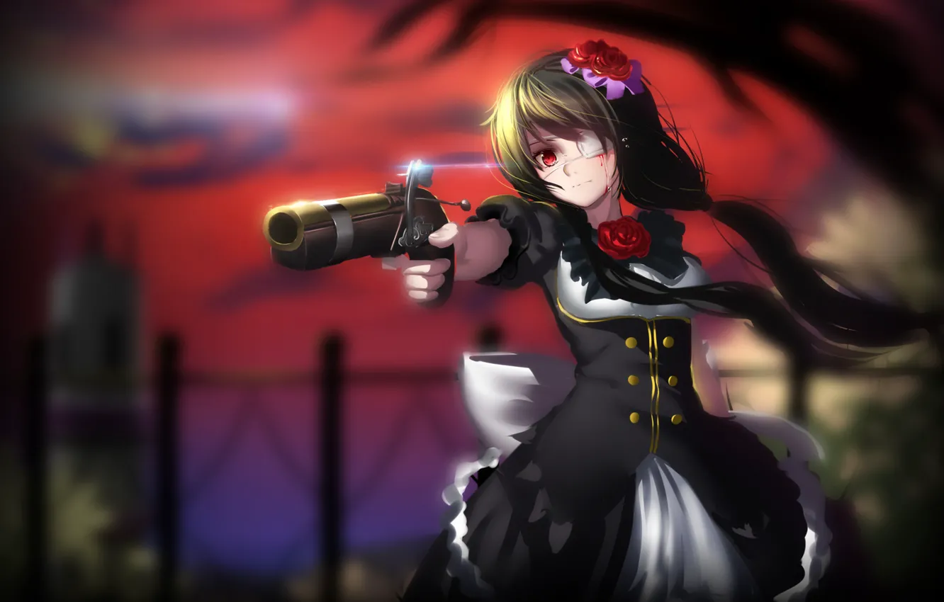 Photo wallpaper girl, gun, weapons, blood, date a live, tokisaki kurumi