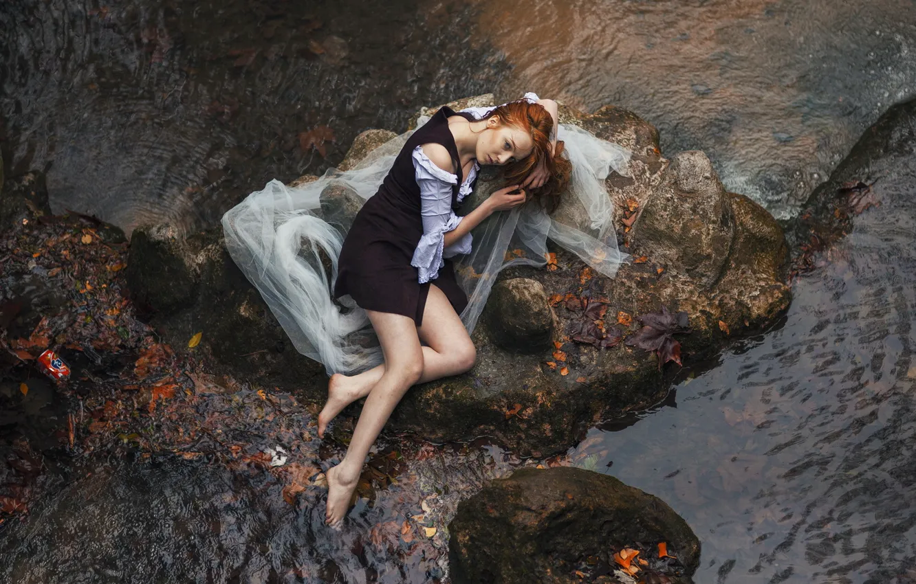 Photo wallpaper girl, river, stones, mood