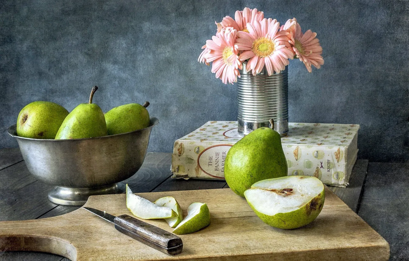 Photo wallpaper book, bowl, gerbera, pear, wood, cutting Board