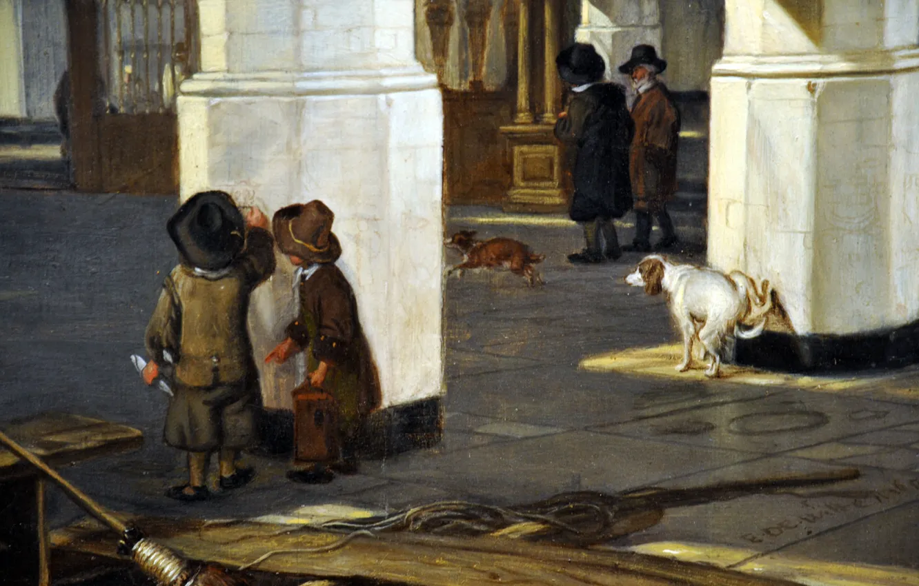 Photo wallpaper dogs, children, Emanuel de Witte, Interior of the Oude, 1650-52, Kerk in Delft