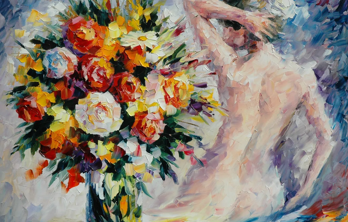 Photo wallpaper girl, flowers, back, bouquet, hands, vase, painting, Leonid Afremov