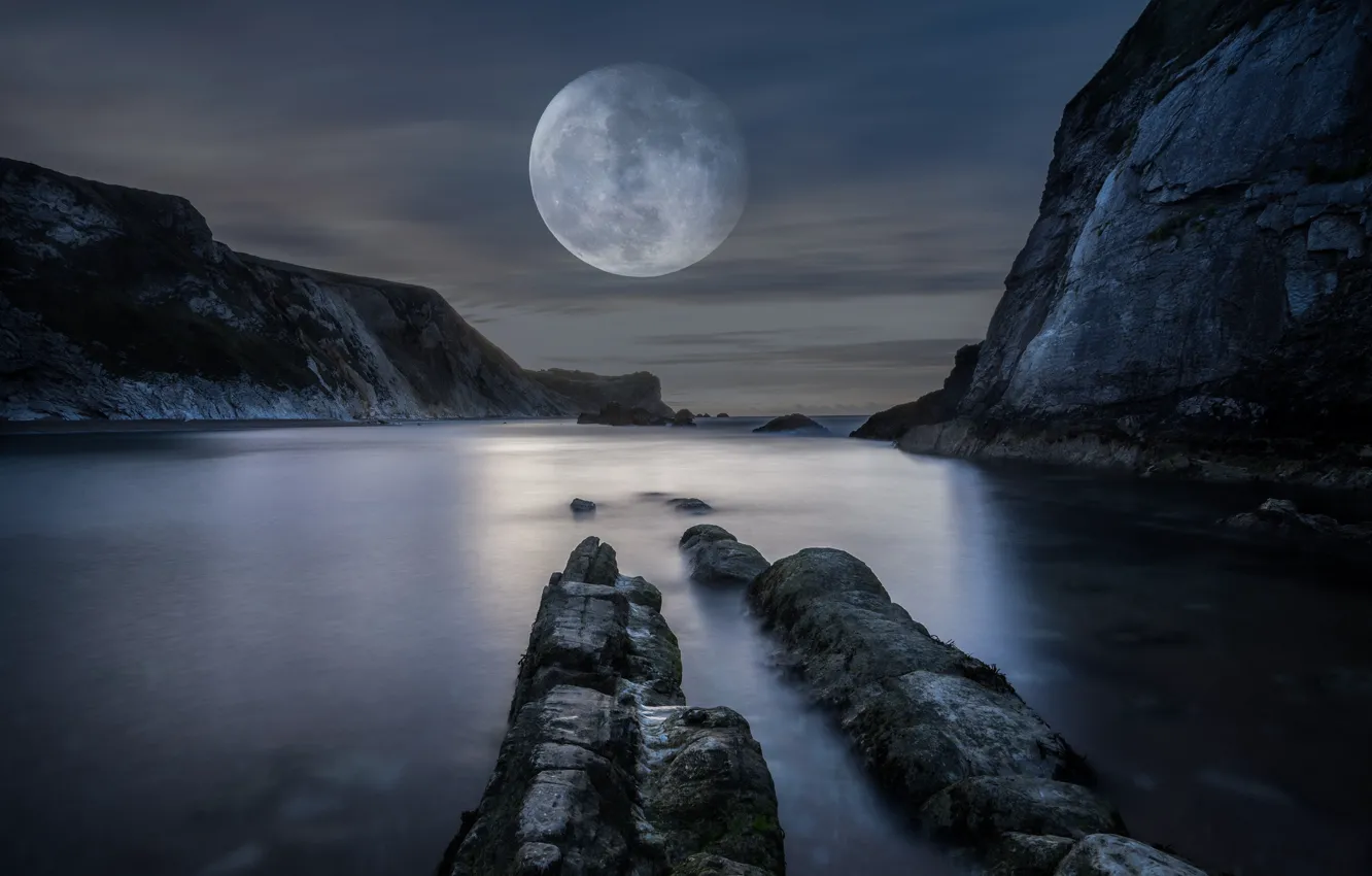 Photo wallpaper sea, mountains, night, rocks, the moon, shore, huge, the full moon