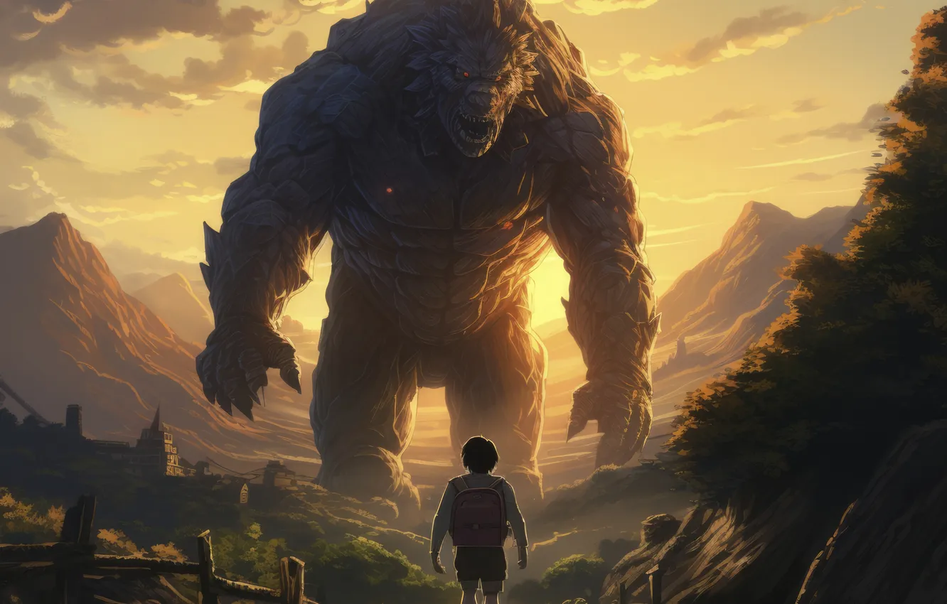 Photo wallpaper mountains, dawn, monster, boy, two, digital art, Supernatural Beings, AI art