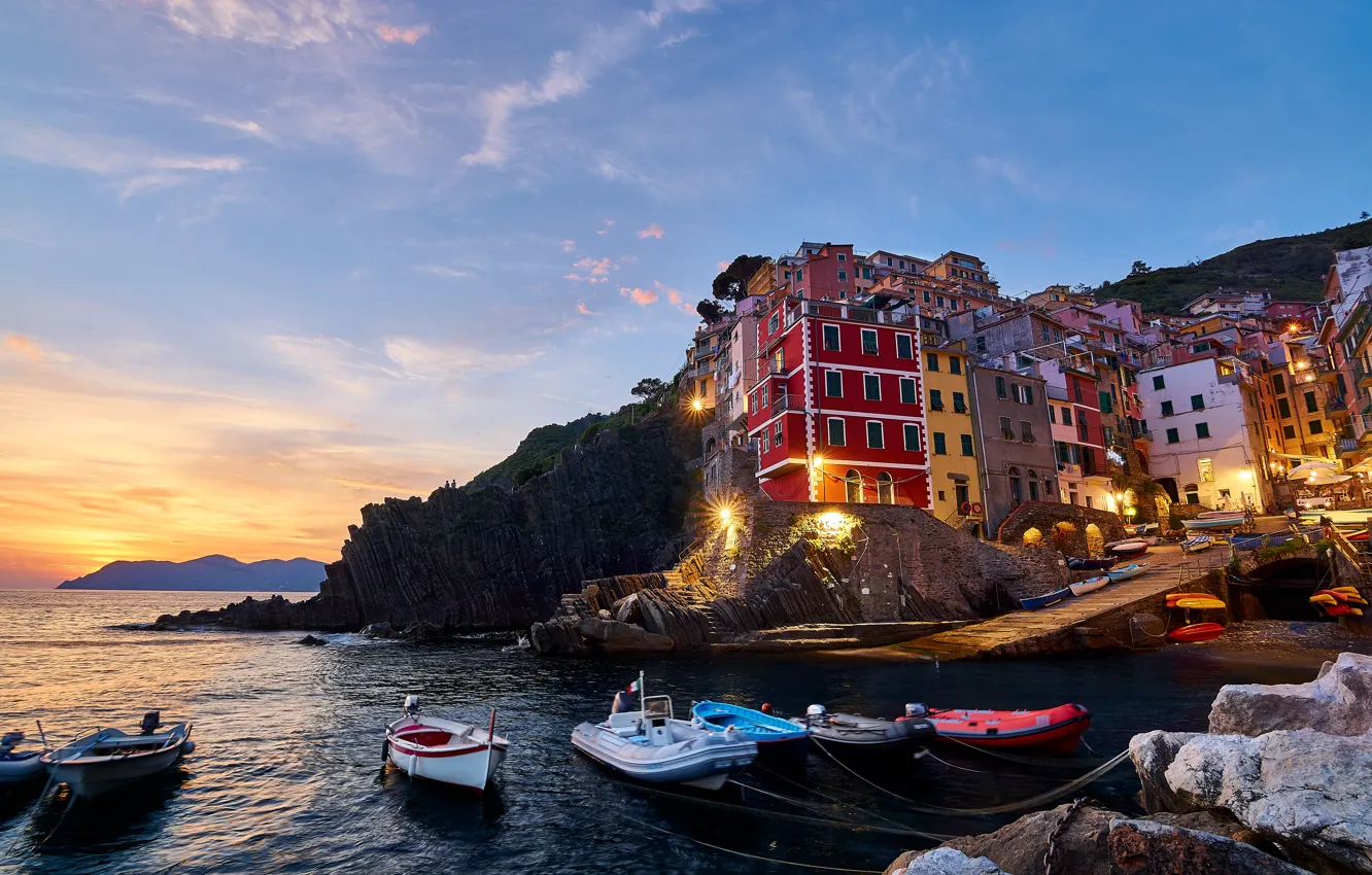 Photo wallpaper sea, landscape, sunset, stones, rocks, boat, home, the evening