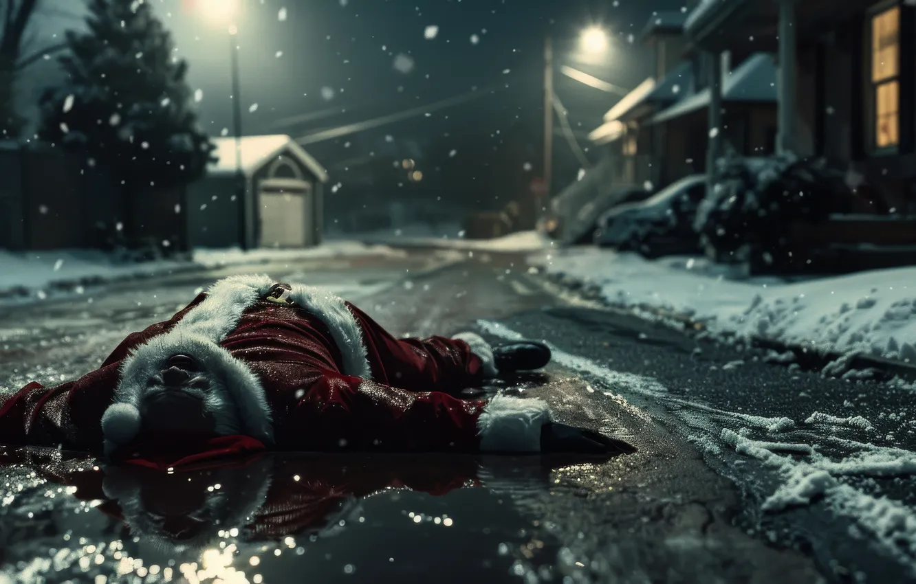 Photo wallpaper road, snow, night, new year, home, dirt, Christmas, lights