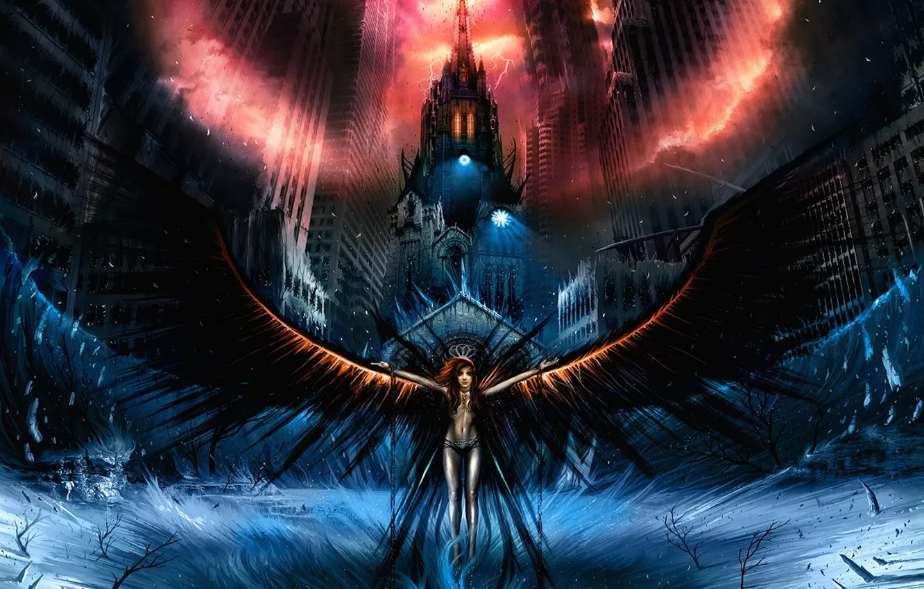 Photo wallpaper the city, dark, wings, angel, The darkness