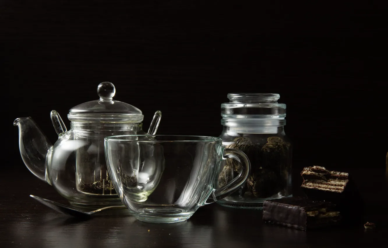 Photo wallpaper glass, table, kettle, spoon, mug, Cup, Bank, still life