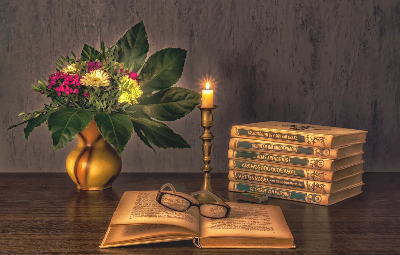 Photo wallpaper flowers, bouquet, candles, glasses, book, still life