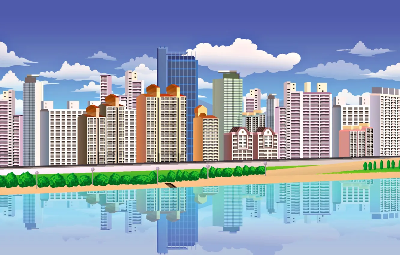 Photo wallpaper the sky, clouds, trees, the city, reflection, river, home