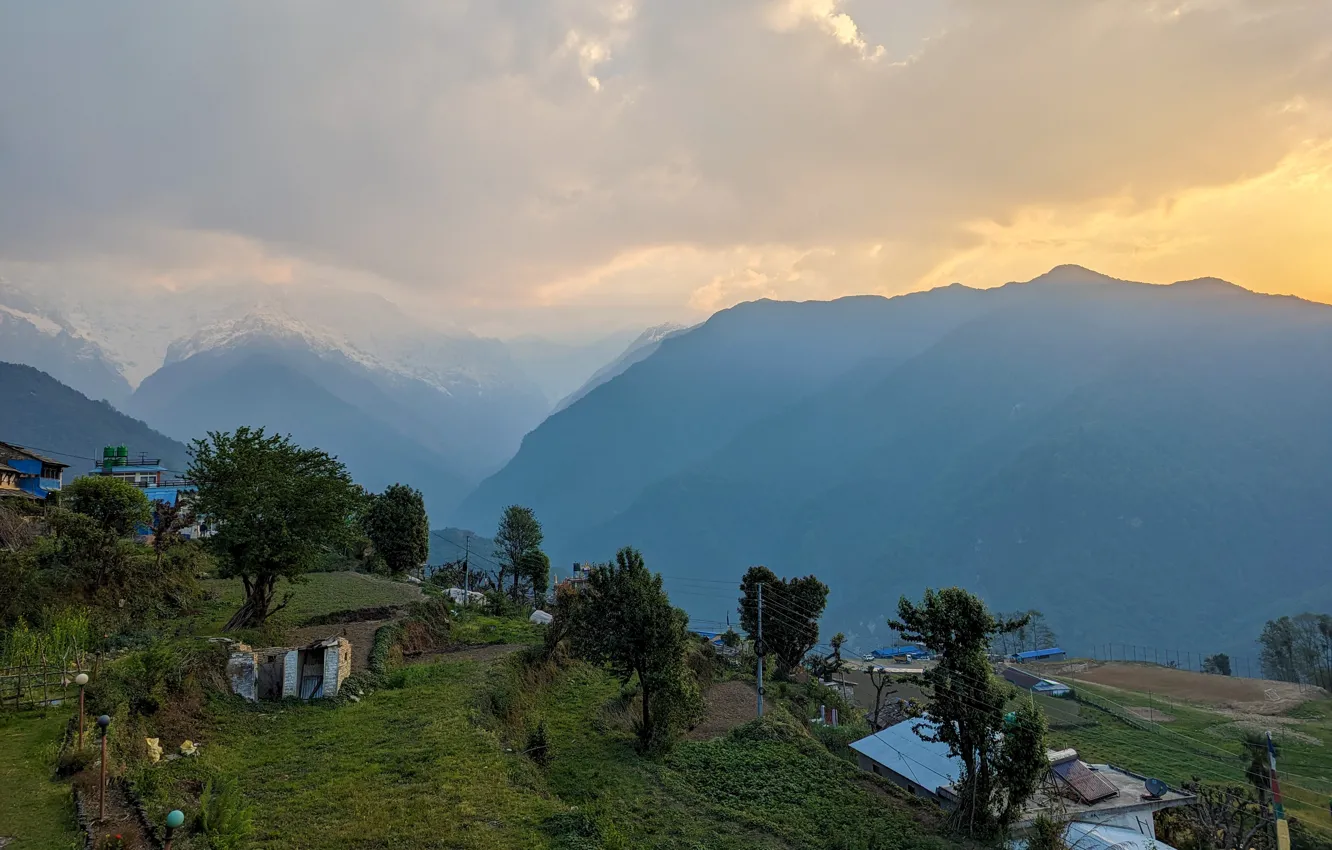 Photo wallpaper mountains, Nepal, snow-capped peaks, Nepal, Pixel 7 pro sample photo, A village in the mountains