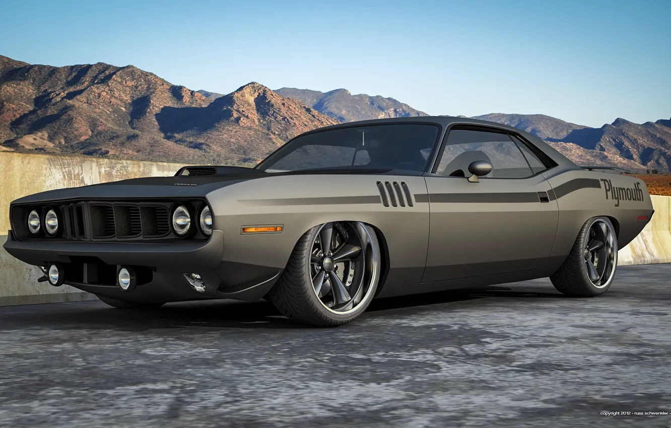 Photo wallpaper mountains, Matt, muscle car, muscle car, Barracuda, Plymouth, front, Plymouth