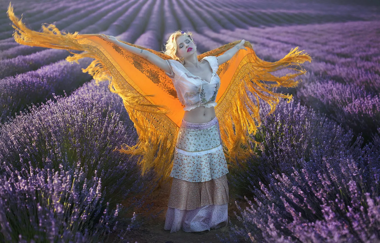 Photo wallpaper field, girl, lavender