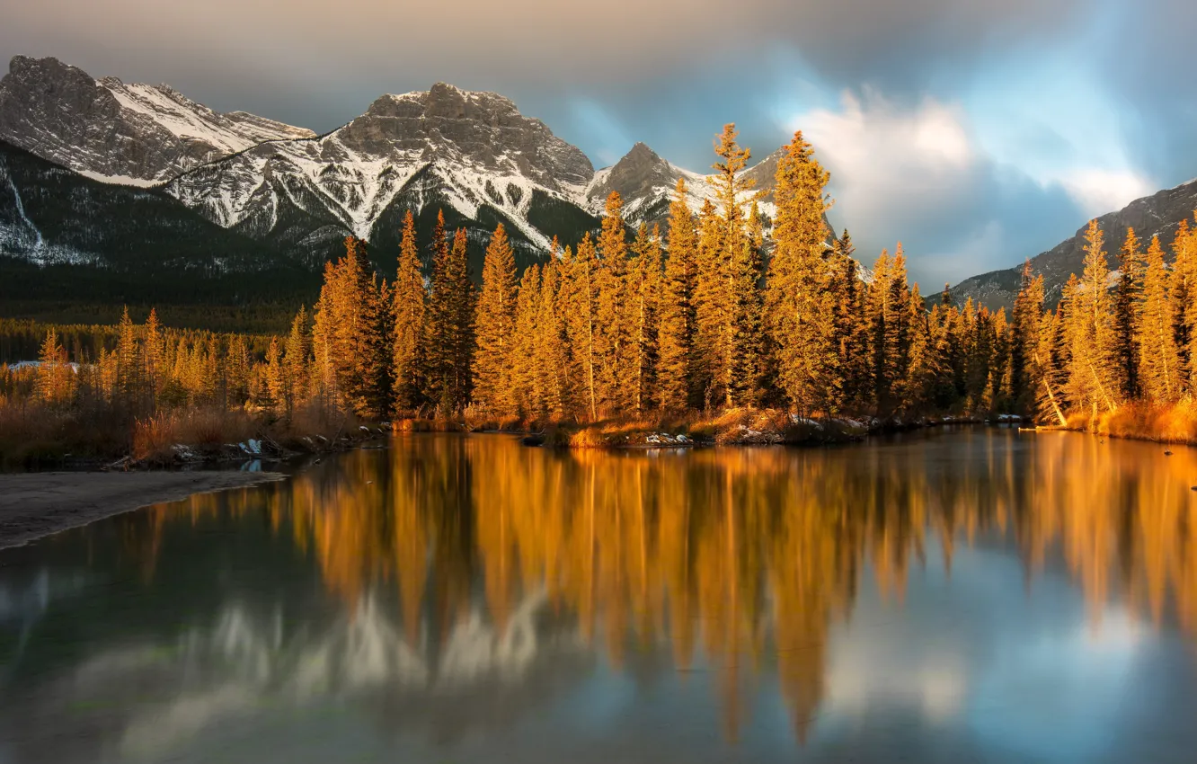 Photo wallpaper autumn, forest, mountains, river, Canada, Albert, Alberta, Canada
