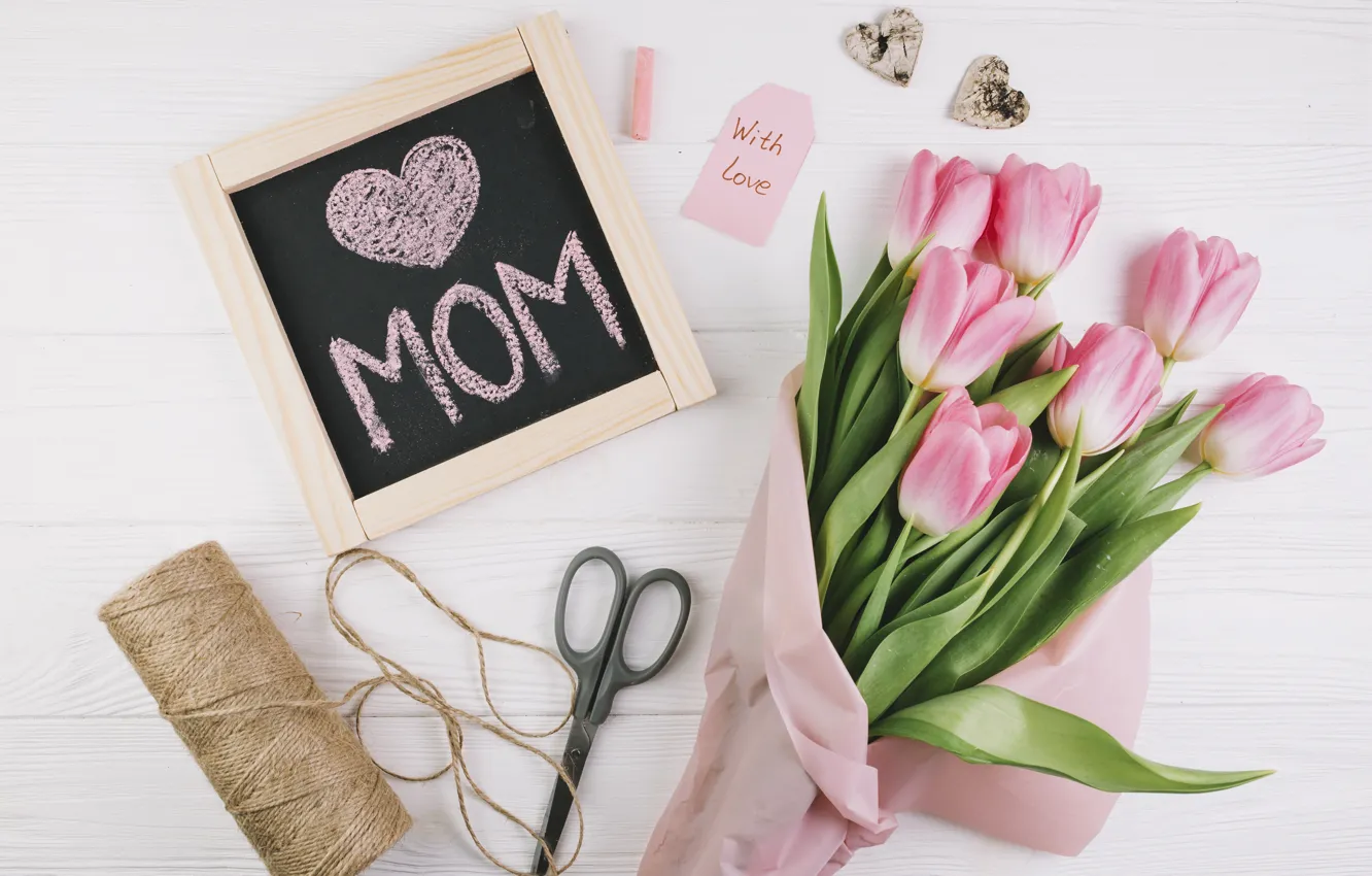 Photo wallpaper flowers, holiday, Board, tulips, March 8, scissors, women's day