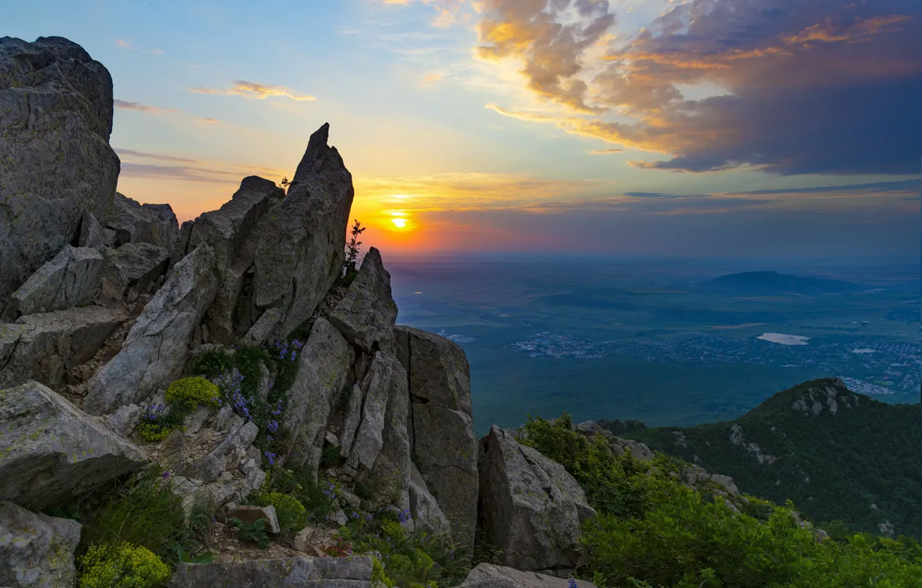 Photo wallpaper the sun, landscape, mountains, nature, rocks, dawn, morning, The Caucasus