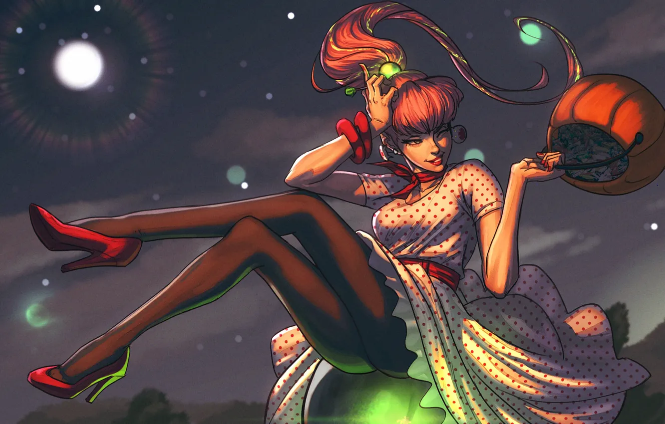 Photo wallpaper girl, night, dress, shoes, pumpkin