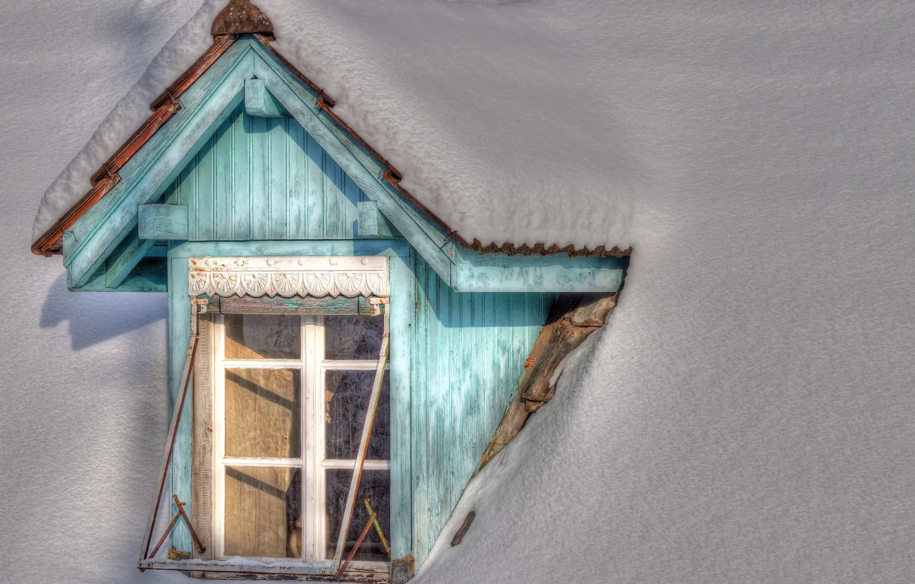 Photo wallpaper winter, roof, snow, house, window