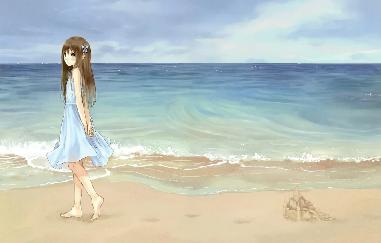 Photo wallpaper sand, sea, beach, the sky, girl, anime