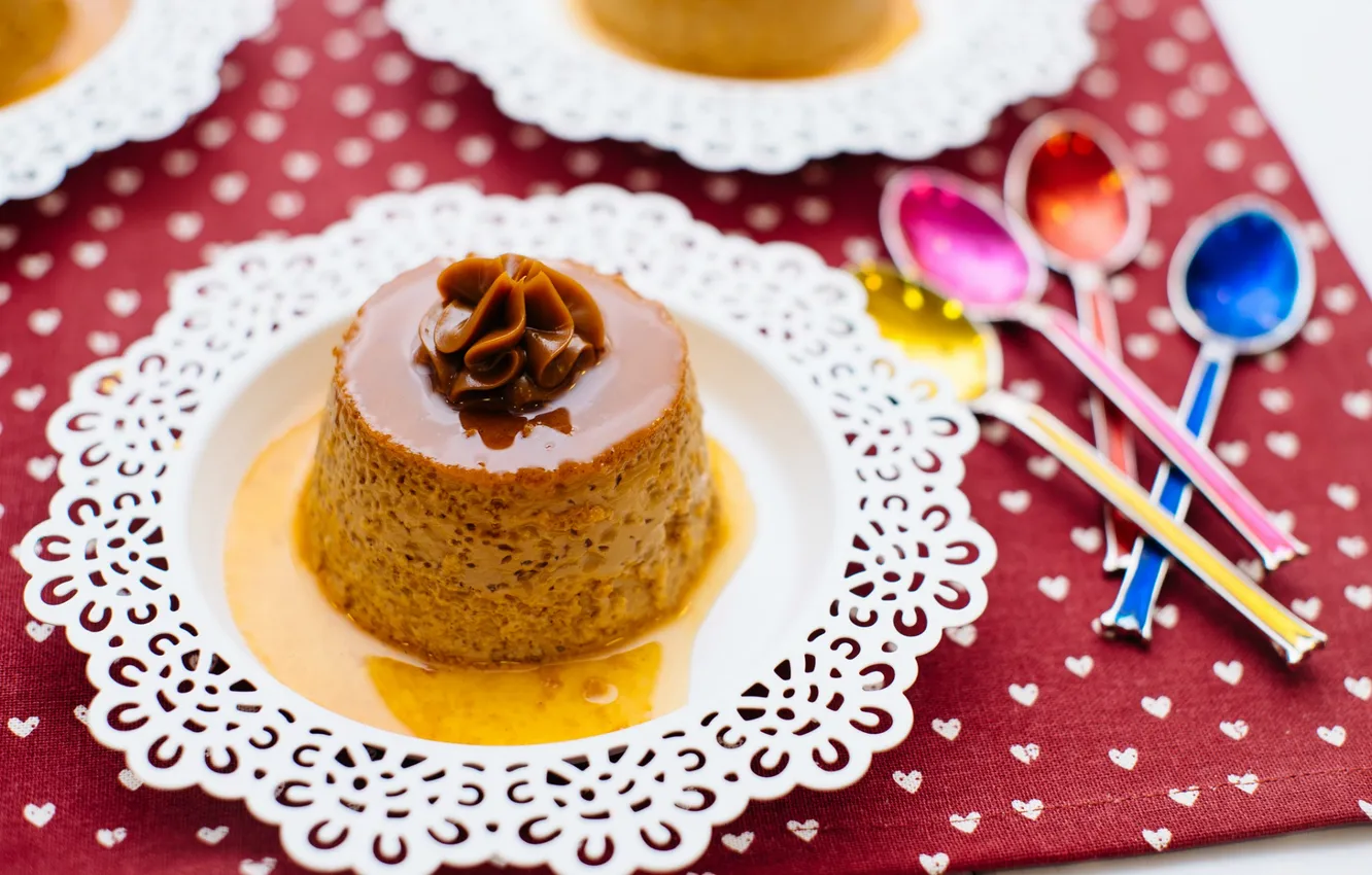Photo wallpaper spoon, cream, dessert, caramel, treat