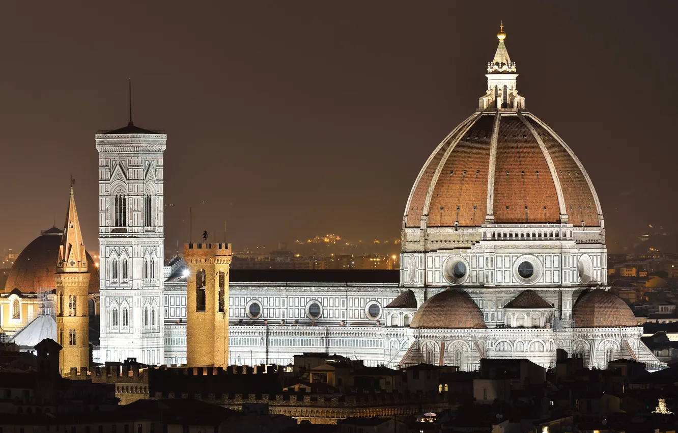 Photo wallpaper the sky, night, lights, home, Italy, Florence, Duomo, Giotto's bell tower