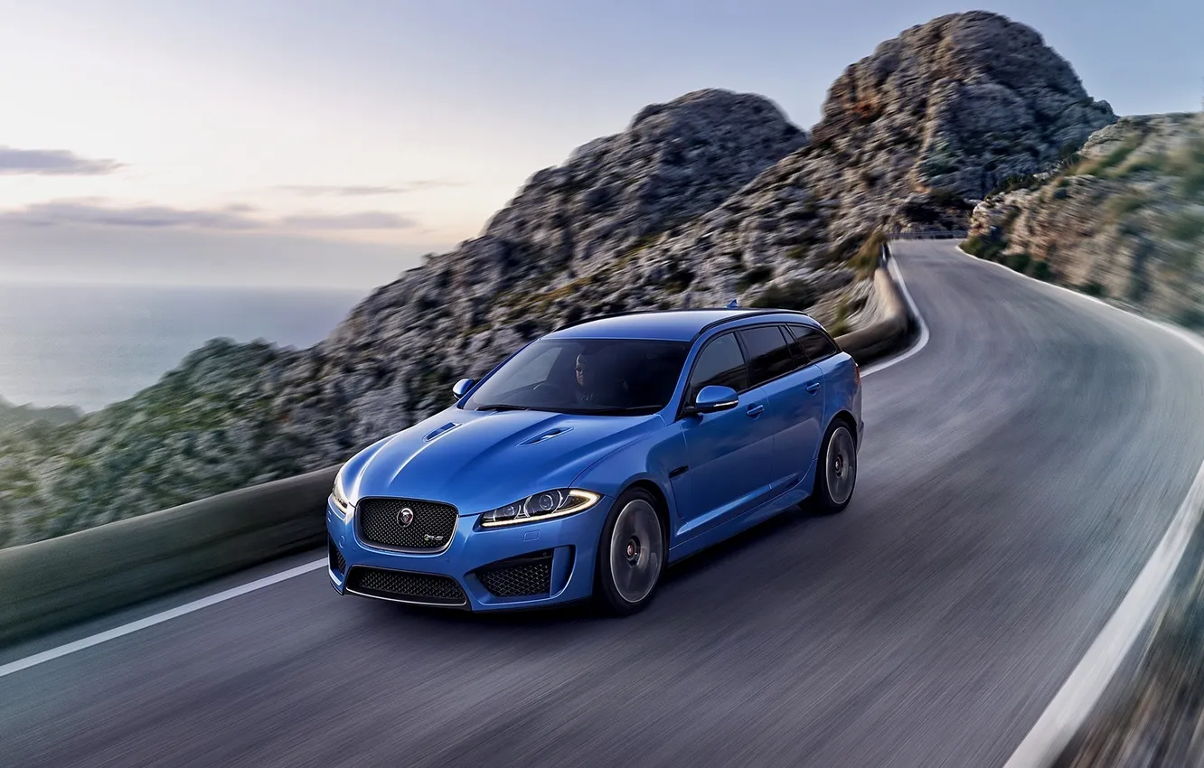 Photo wallpaper road, car, machine, mountains, blue, speed, Jaguar, car