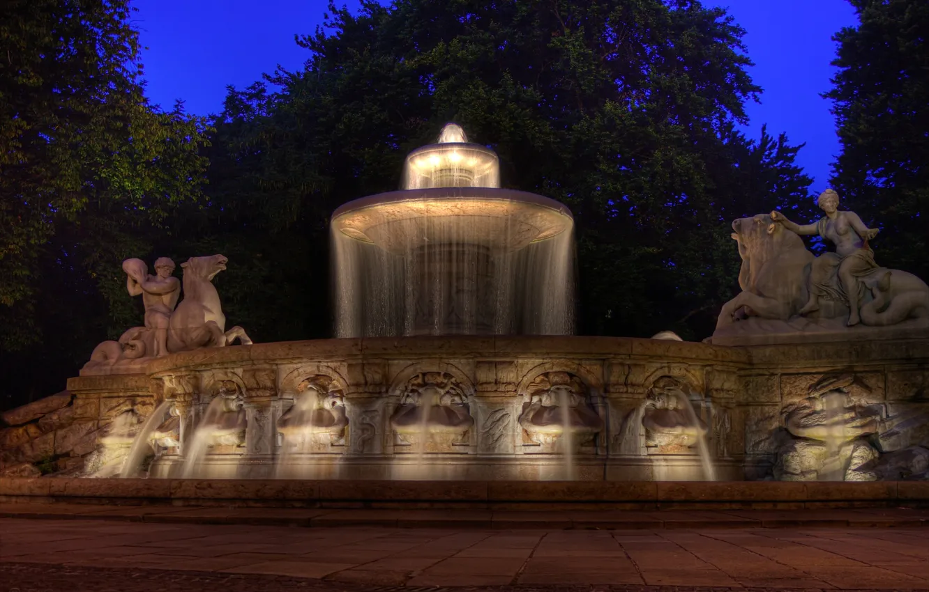 Photo wallpaper light, landscape, night, Germany, Munich, fountain