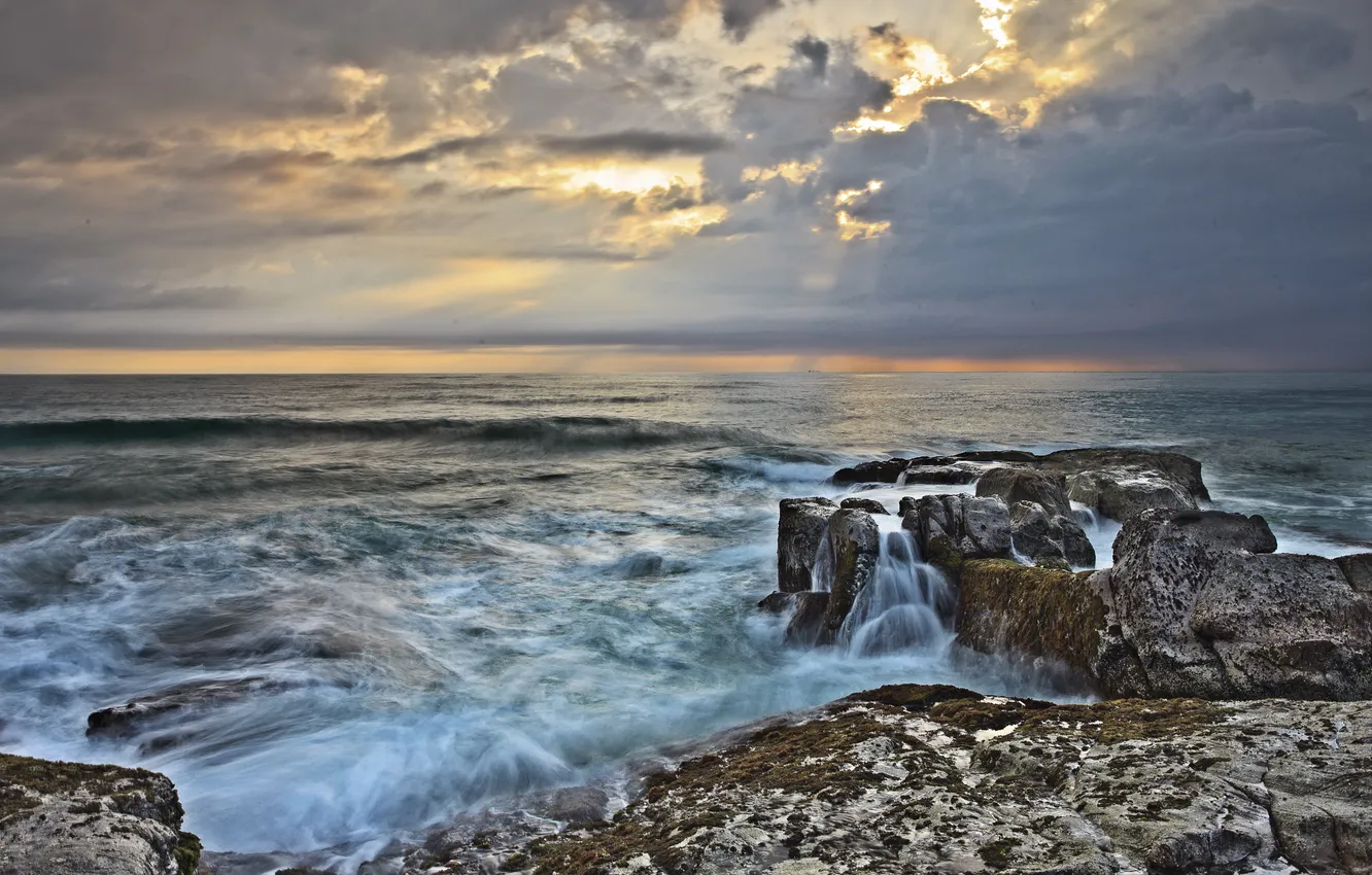 Photo wallpaper sea, wave, the sky, clouds, storm, stones, rocks, surf